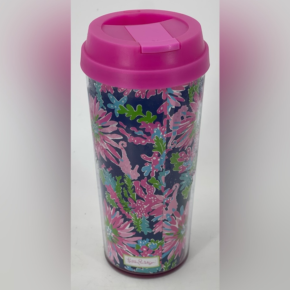 Lilly Pulitzer Insulted Plastic Travel Tumbler Hot or Cold Coffee Cup 16 Oz Pink
